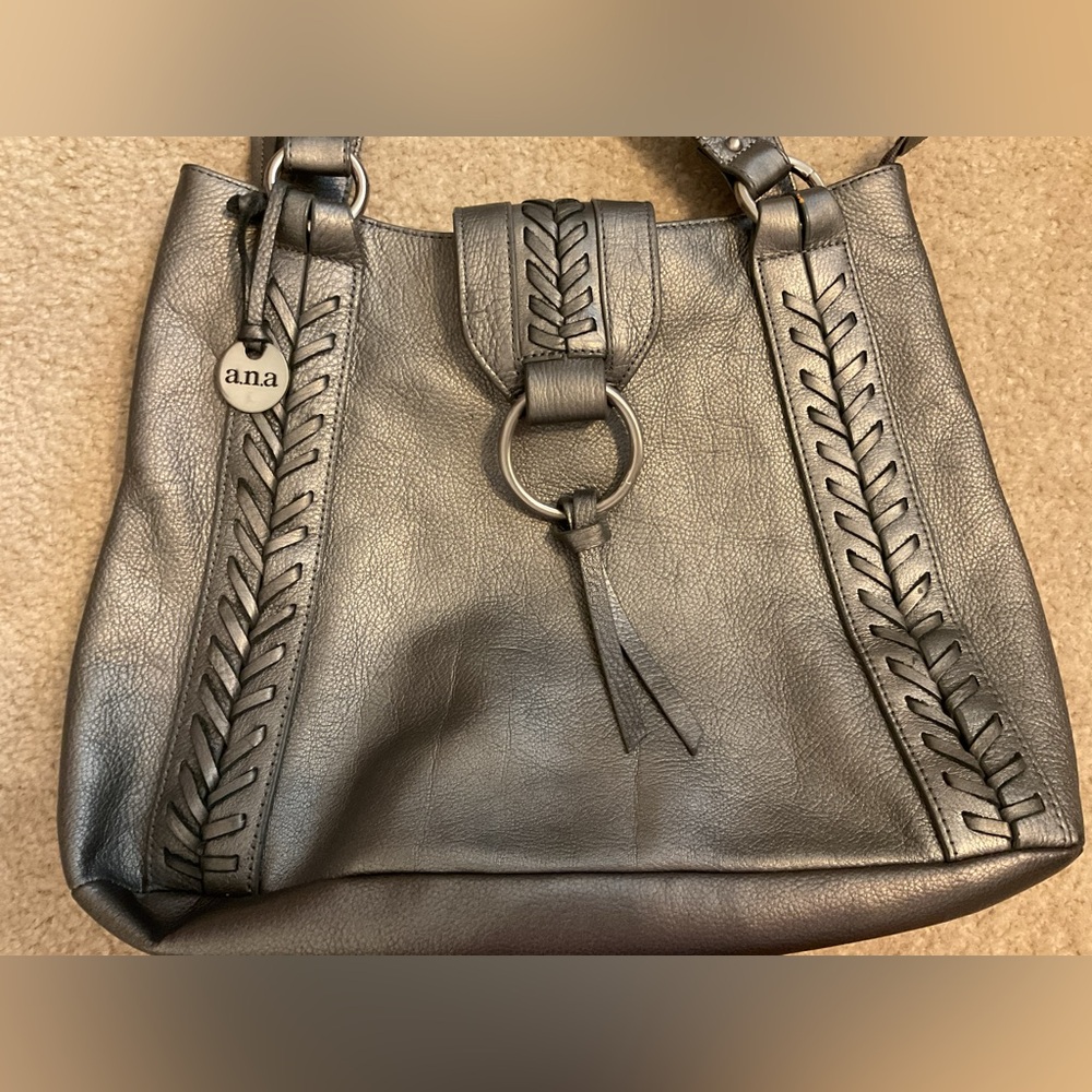 A.N.A. Leather Gun Metal Pewter Hobo Purse Handbag - Picture 7 of 13